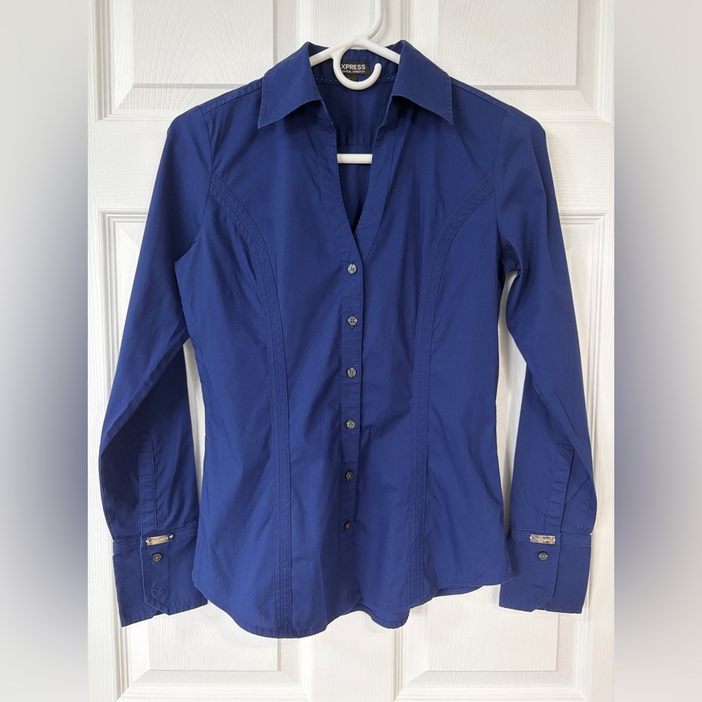 Express Royal Blue Collared Button Down Dress Shirt (Size XS Petite)